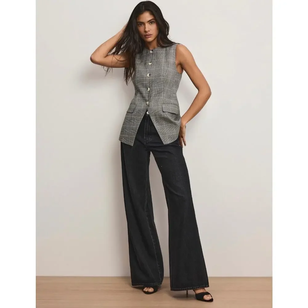 NEW Veronica Beard Lois Linen-Blend Vest Grey Plaid Tailored Top Size 4